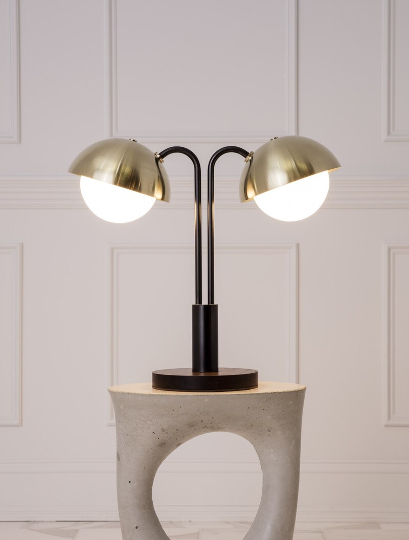Double Dome Table Lamp shown in Blackened Brass, Brass Domes, Black Walnut Base, Opal Globe